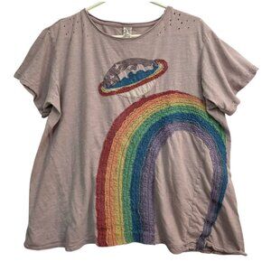 Magnolia Pearl Pink Rainbow Applique Top Tee Blue Shirt Shortsleeve OS Rare